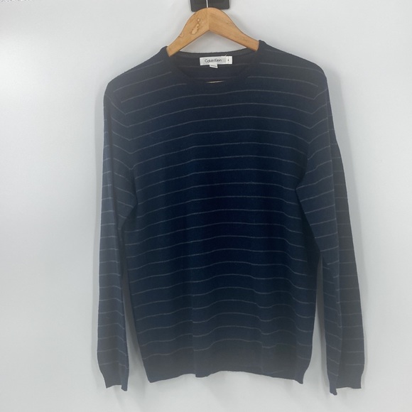 Calvin Klein Marino wool blend knit navy blue striped long sleeved sweater - Picture 8 of 15